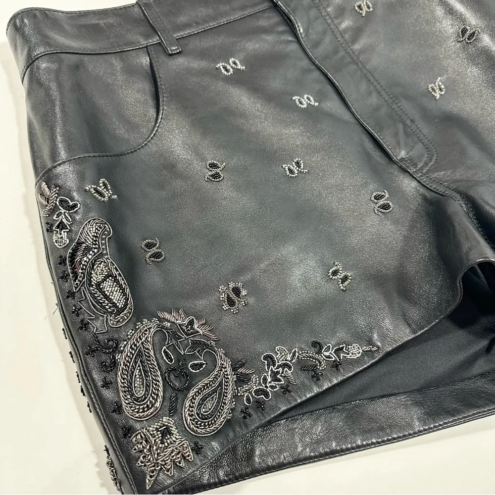 YSL Saint Laurent High Rise Embellished Embroidered Lambskin Leather Shorts - Picture 10 of 15